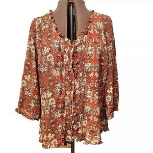 Emma James. Sz 22W. Pink Chiffon Floral Ruffled. Pin Tucked. Button Up, B86